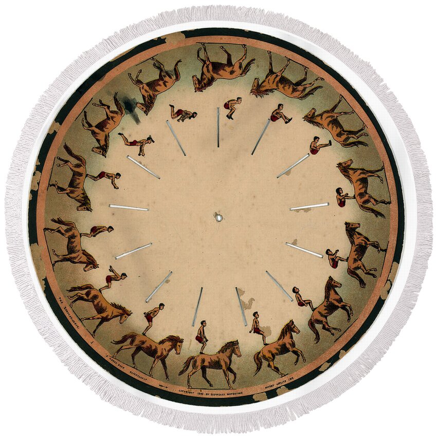 Technology Round Beach Towel featuring the photograph Muybridge Zoopraxiscope, Horseback by Photo Researchers