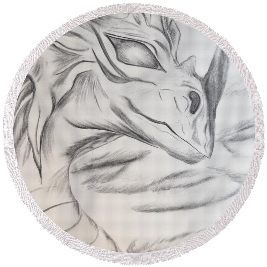 Dragon Round Beach Towel featuring the drawing My Dragon by Maria Urso