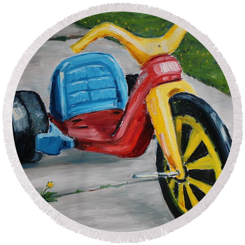 Trike Round Beach Towel featuring the painting My First Ride by Daniel W Green