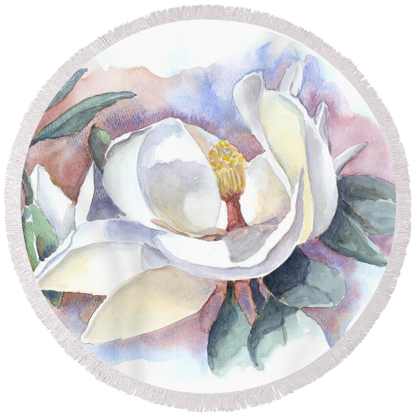Magnolia Round Beach Towel featuring the painting My Magnolia by Audrey Peaty