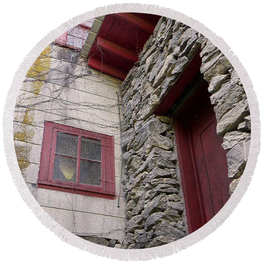 Old Mill Of Guilford Round Beach Towel featuring the photograph Mystery Of The Red Door by Sandi OReilly