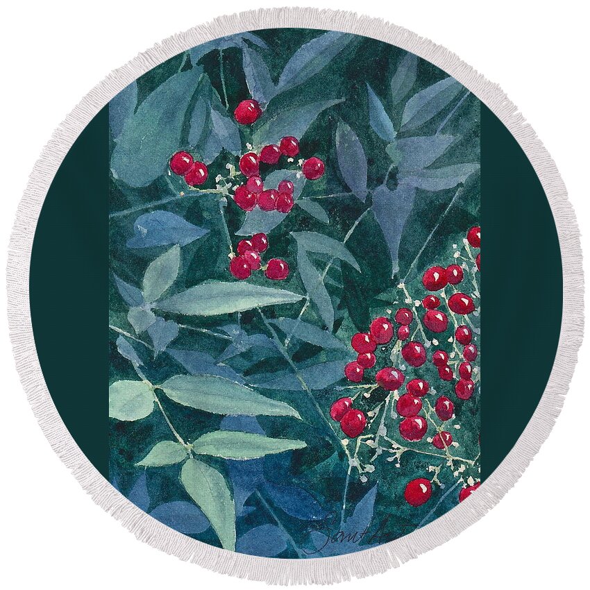 Plant Round Beach Towel featuring the painting Nandina by Frank SantAgata