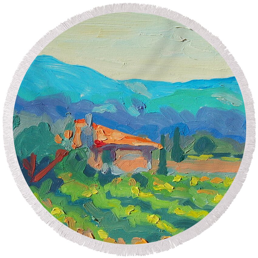 Napa Vineyards With House And Hills Blue Hills And Terracotta Tile Roof Green Yellow Orange Blue Cypress Trees Round Beach Towel featuring the painting Napa Valley Vineyards with House and Hills by Thomas Bertram POOLE
