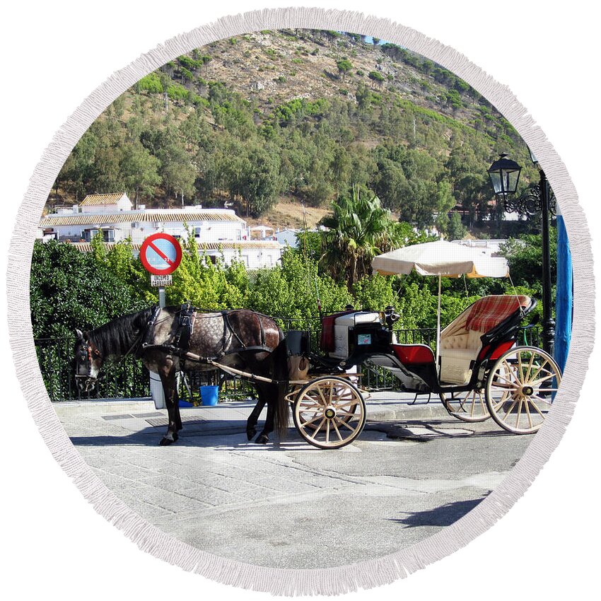 Horse Round Beach Towel featuring the photograph No Parking Except Horse Carriage Mijas Spain by John Shiron