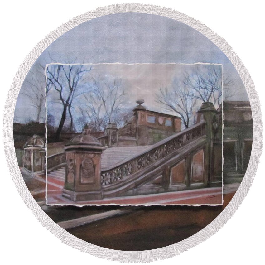 Nyc Round Beach Towel featuring the mixed media NYC Bethesda Stairs layered by Anita Burgermeister