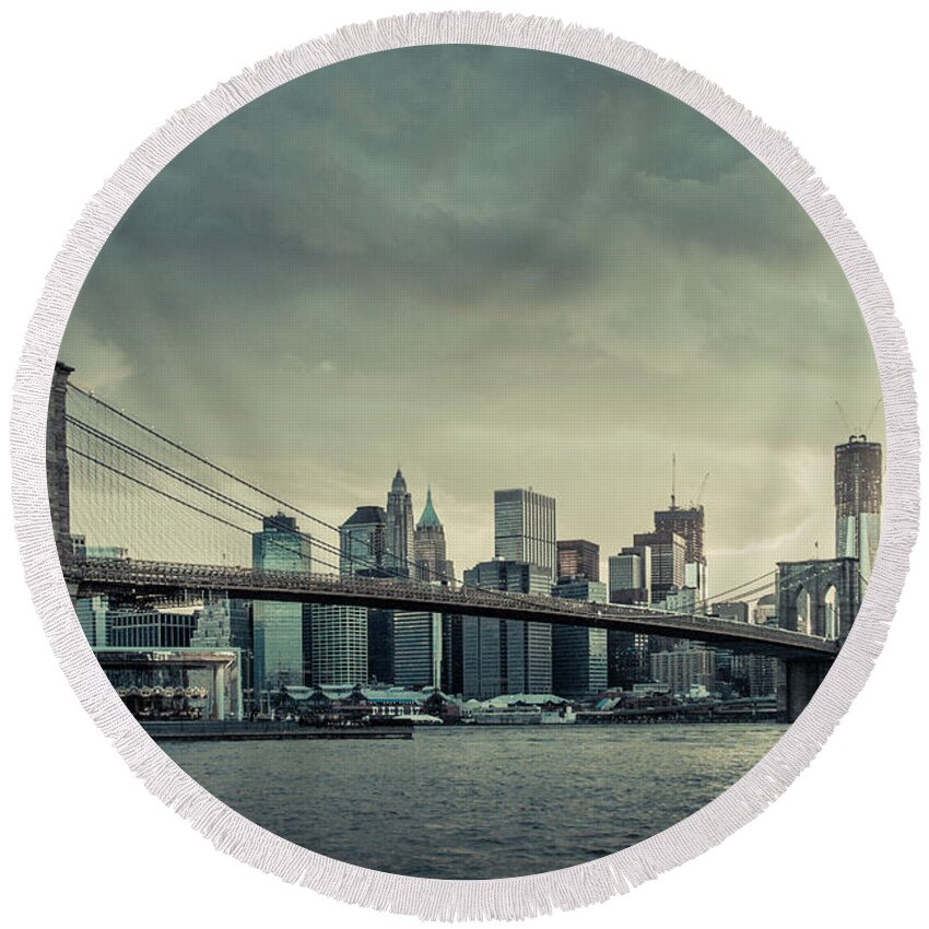 Nyc Round Beach Towel featuring the photograph NYC skyline in the sunset v2 by Hannes Cmarits