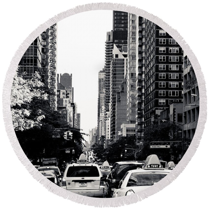 Manhattan Round Beach Towel featuring the photograph NYC Traffic in Black and White by Anthony Doudt