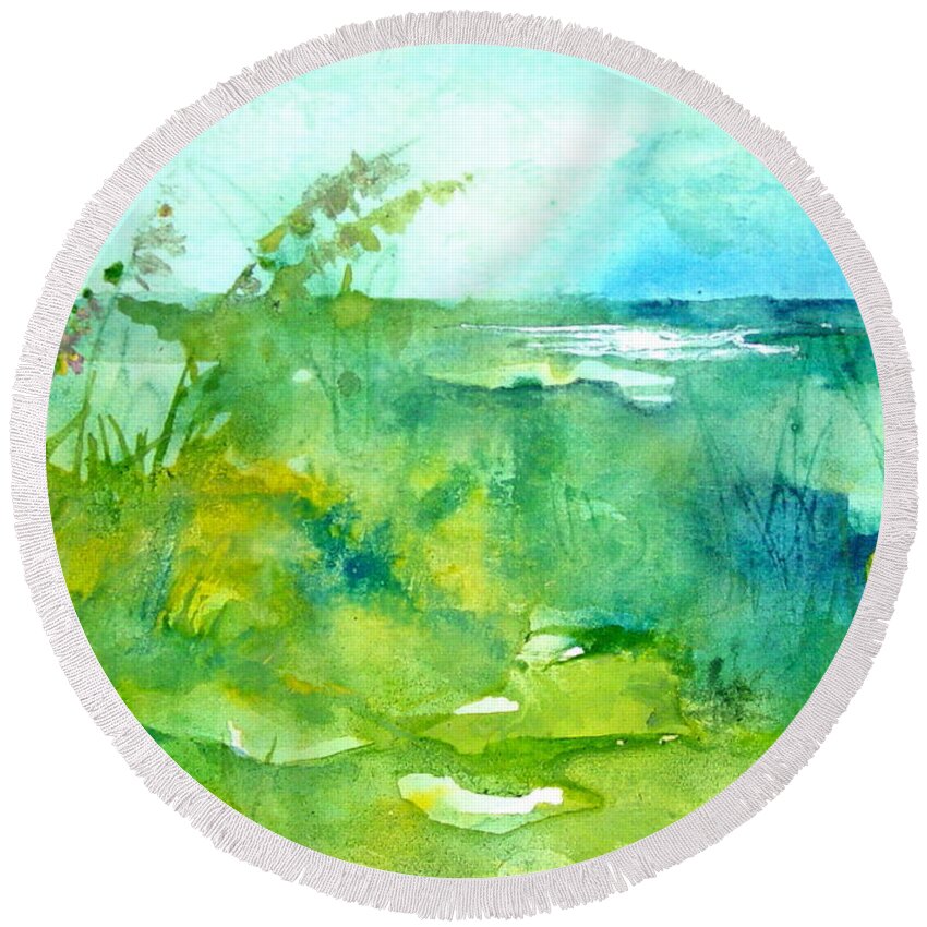 Watercolor Round Beach Towel featuring the painting Ocean and Shore by Robin Miller-Bookhout
