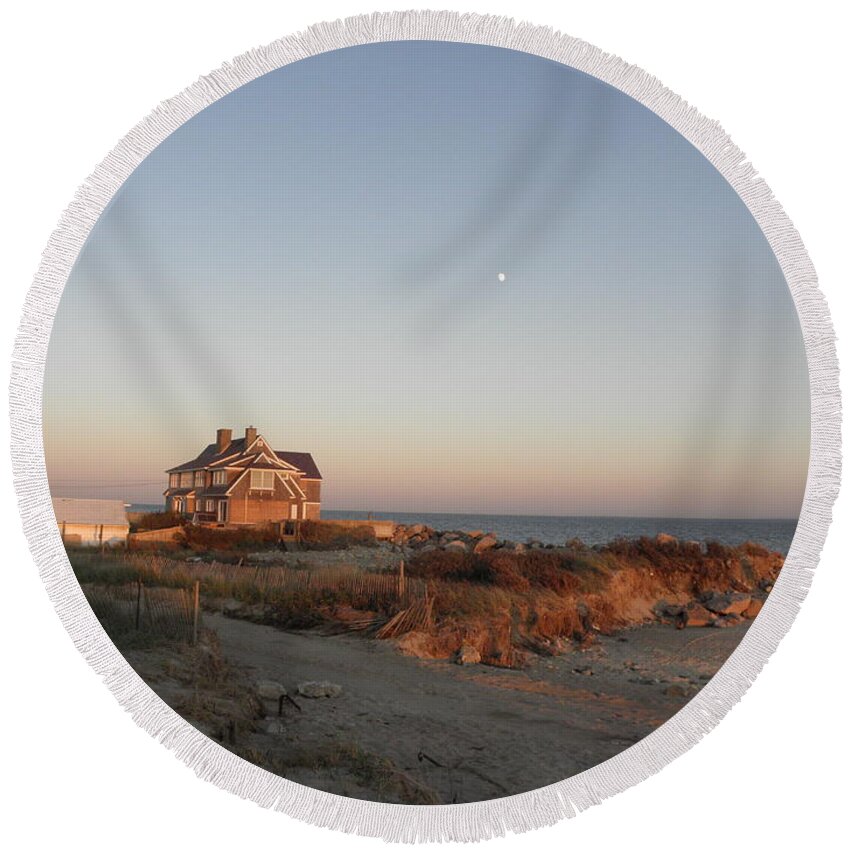 Moon Round Beach Towel featuring the photograph Oceans view in RI with the Moon by Kim Galluzzo