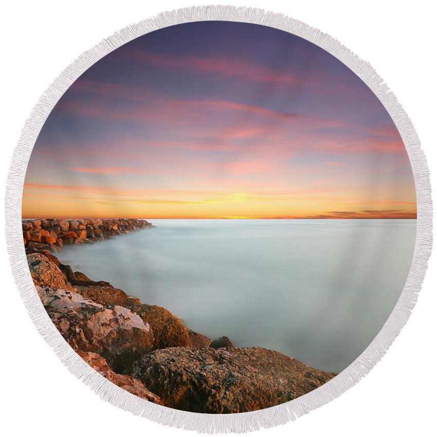 Clouds Round Beach Towel featuring the photograph Oceanside Harbor Jetty Sunset by Larry Marshall
