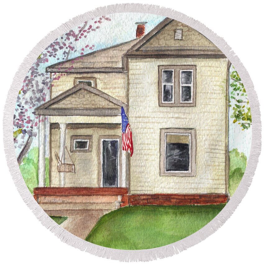 Flag Round Beach Towel featuring the painting Ohio cottage with Flag by Clara Sue Beym