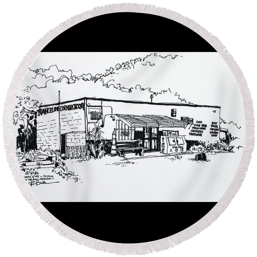 Old Delray Beach Grocery Store. Round Beach Towel featuring the drawing Old Delray Beach, FL Grocery Store. by Robert Birkenes