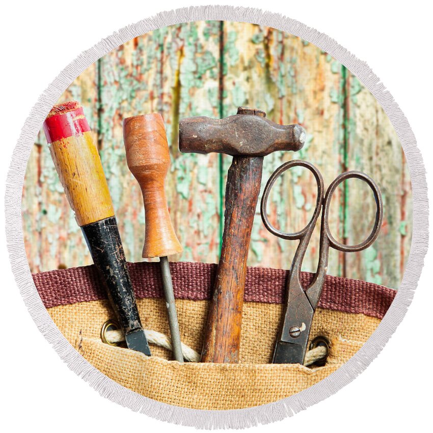 Aged Round Beach Towel featuring the photograph Old tools by Tom Gowanlock