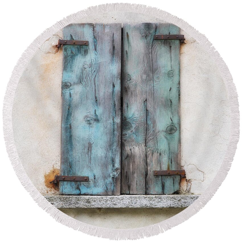 Window Round Beach Towel featuring the photograph Old window with blue shutte by Mats Silvan