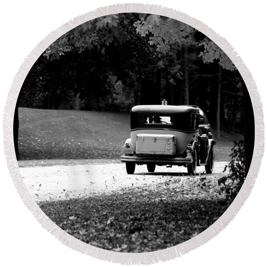Autumn Round Beach Towel featuring the photograph On The Road Again by Kay Novy