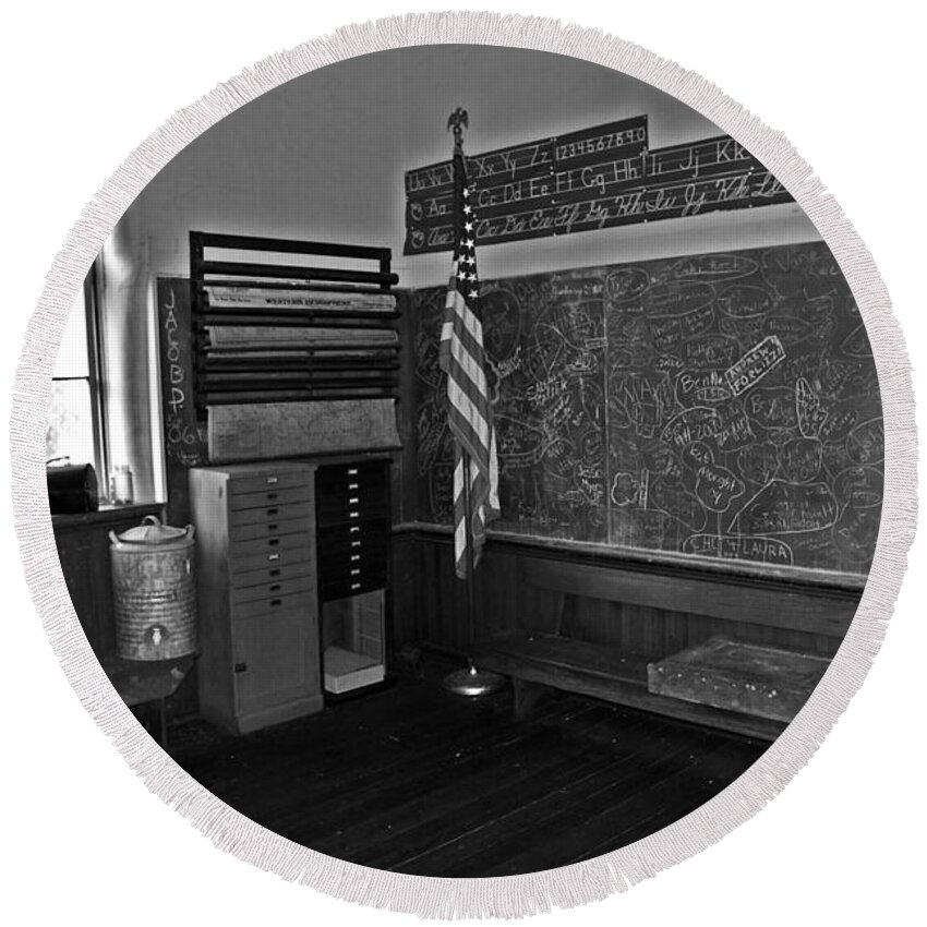 Sepia Tone Prints Round Beach Towel featuring the photograph One Room Schoolhouse black and white by Rich Walter