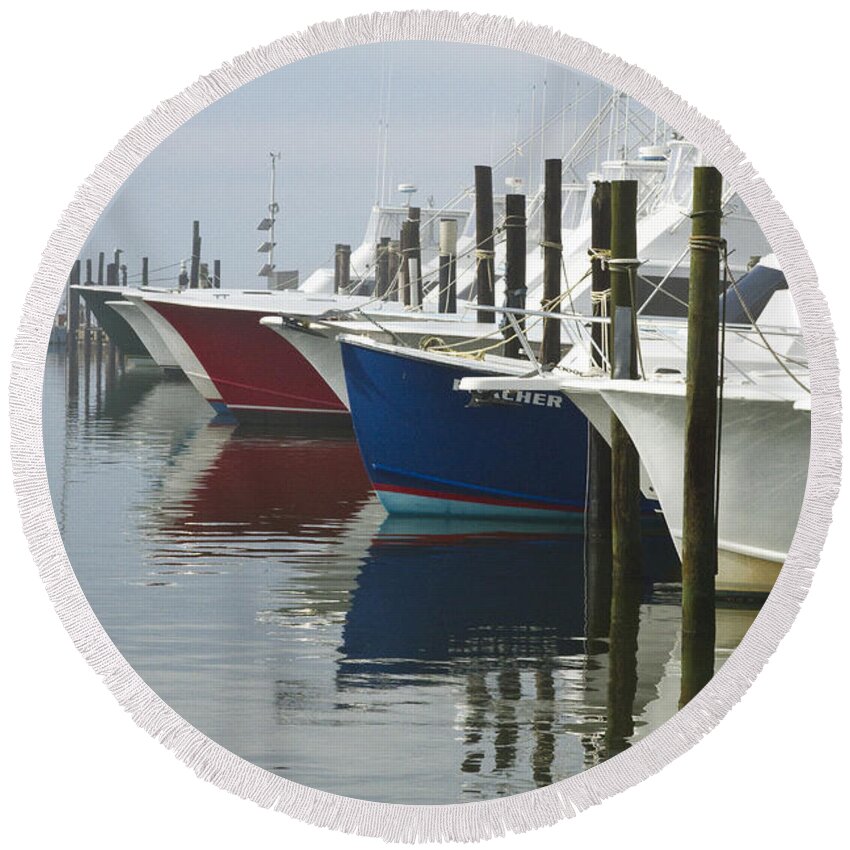 Boats Round Beach Towel featuring the photograph Outerbanks Morning by Carrie Cranwill