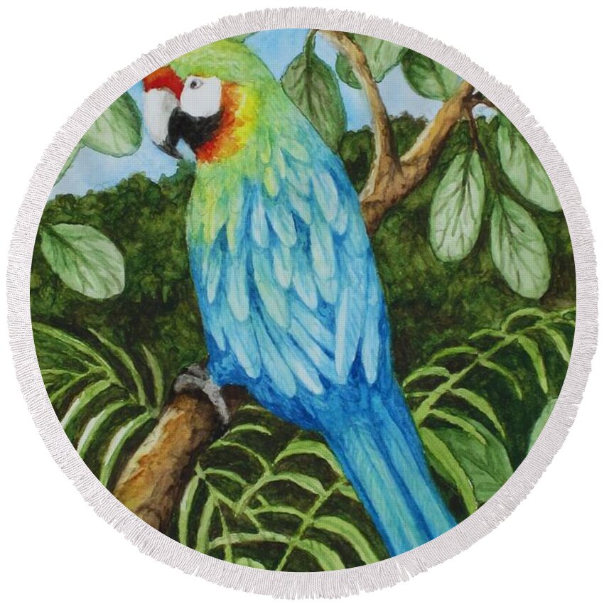 Print Round Beach Towel featuring the painting Parrot by Katherine Young-Beck