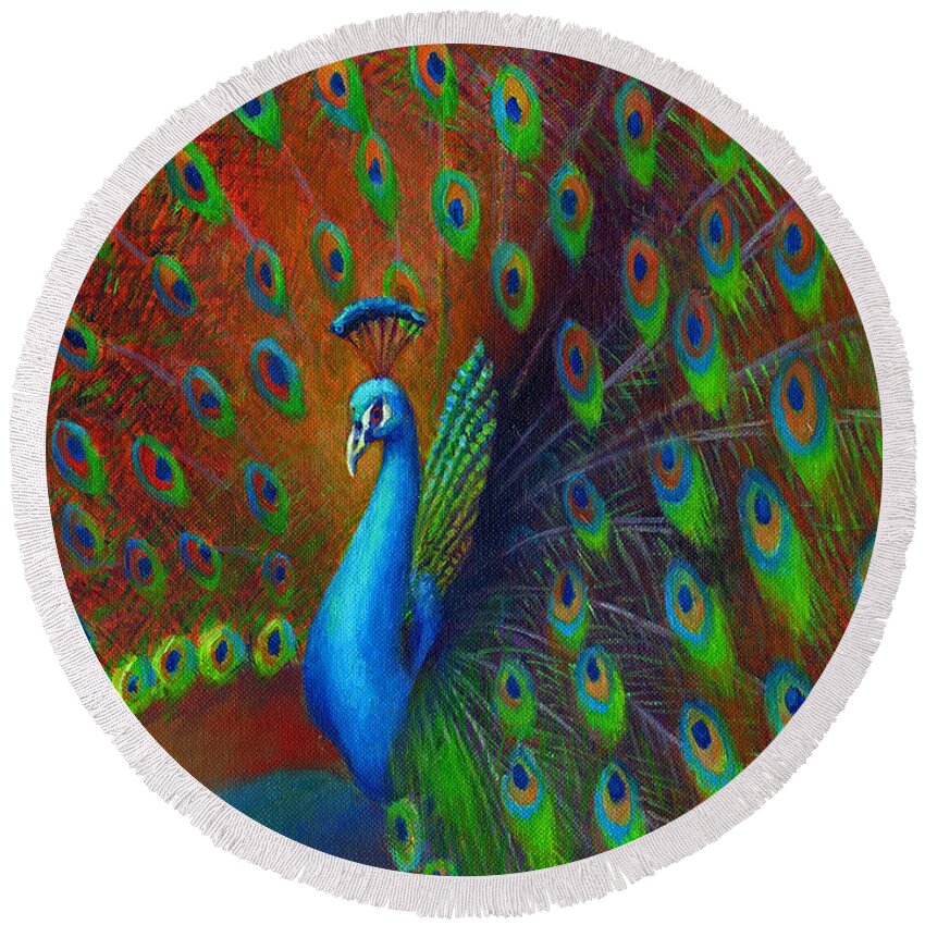 Feather Round Beach Towel featuring the painting Peacock Spread by Nancy Tilles