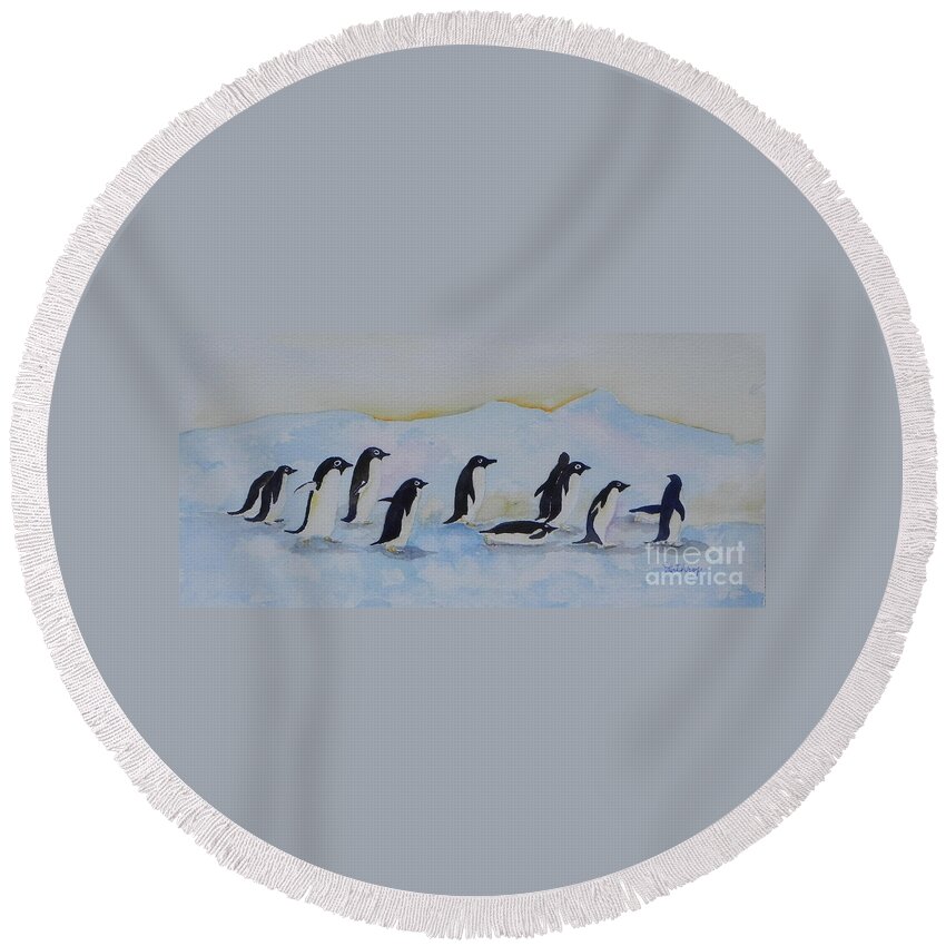 Arctic Round Beach Towel featuring the painting Marching Penguins by Christine Lathrop
