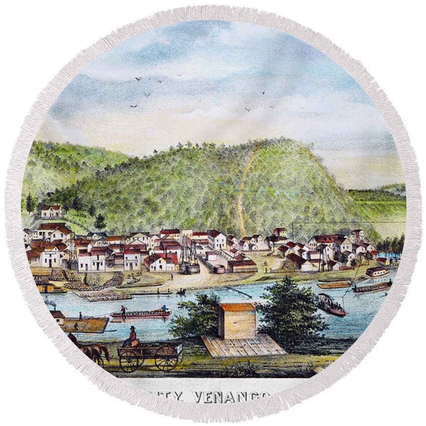 1864 Round Beach Towel featuring the photograph Petroleum: Oil City, 1864 by Granger