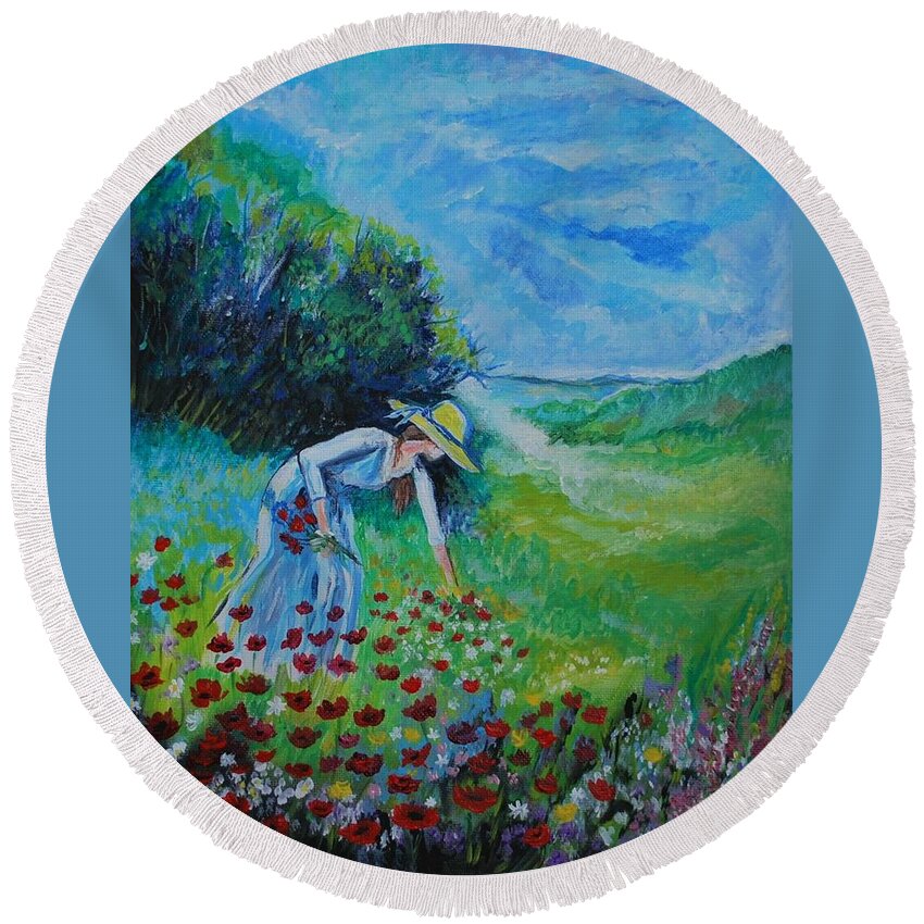Poppy Round Beach Towel featuring the painting Picking Flowers by Leslie Allen