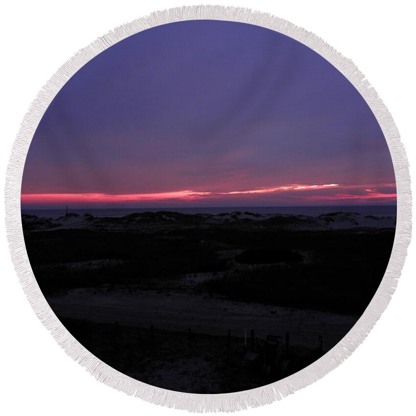 Sunrise Round Beach Towel featuring the photograph Pink Sunrise Over The Dunes by Kim Galluzzo Wozniak