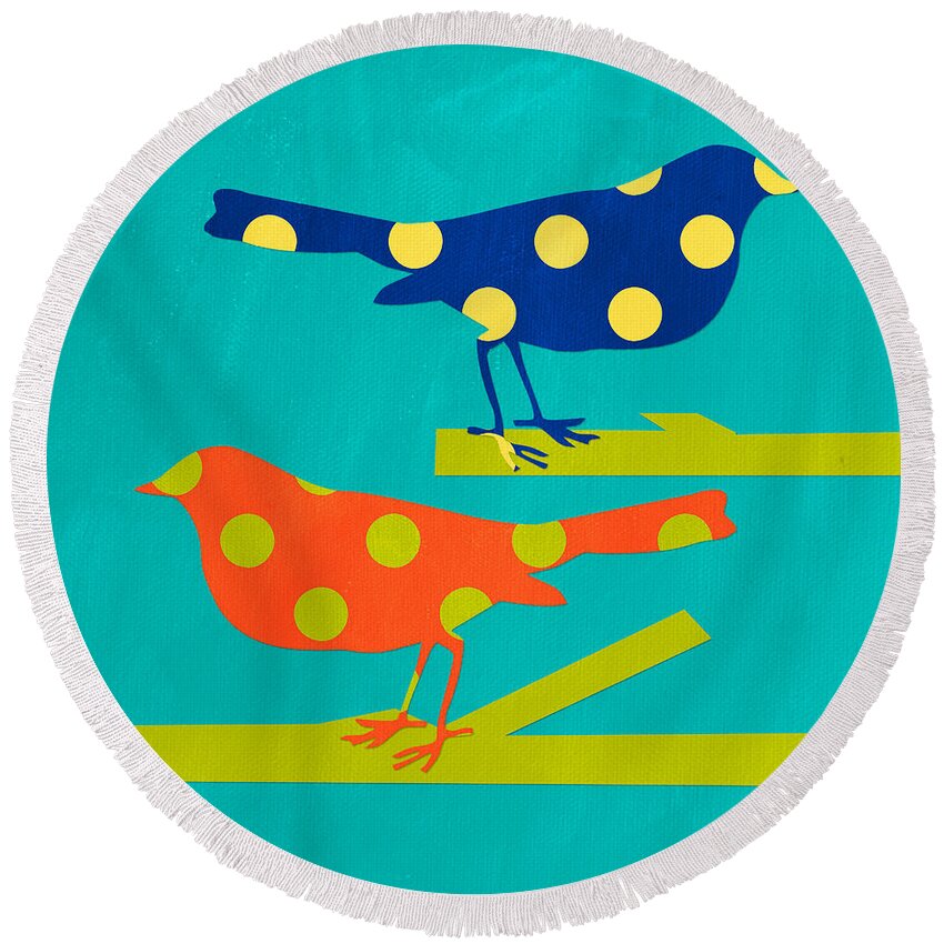 Bird Round Beach Towel featuring the mixed media Polka Dot Birds by Linda Woods