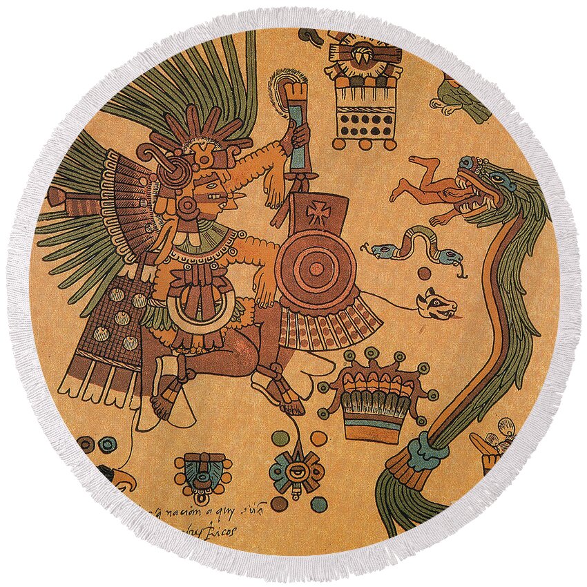 History Round Beach Towel featuring the photograph Quetzalcoatl, Aztec Feathered Serpent by Photo Researchers
