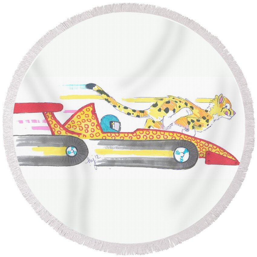 Race Round Beach Towel featuring the drawing Race Car and Cheetah Cartoon by Mike Jory