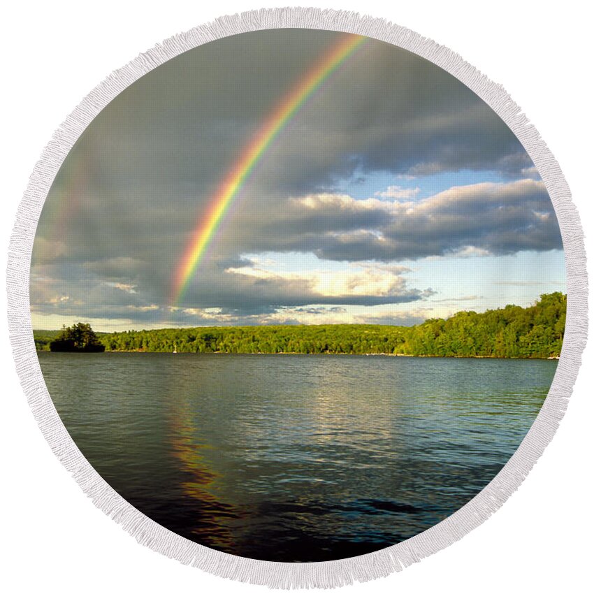 Allegheny Plateau Round Beach Towel featuring the photograph Rainbow Over Lake Wallenpaupack by Michael P Godomski and Photo Researchers