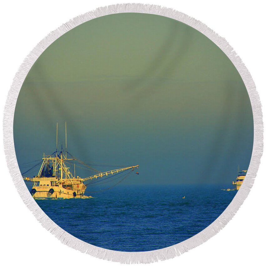 Shrimping Round Beach Towel featuring the photograph Ready for the Night Catch by Susanne Van Hulst