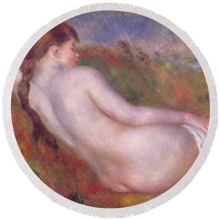 Impressionist; Female; Plait; Annenberg Collection; Palm Springs Round Beach Towel featuring the painting Reclining Nude in a Landscape by Pierre Auguste Renoir