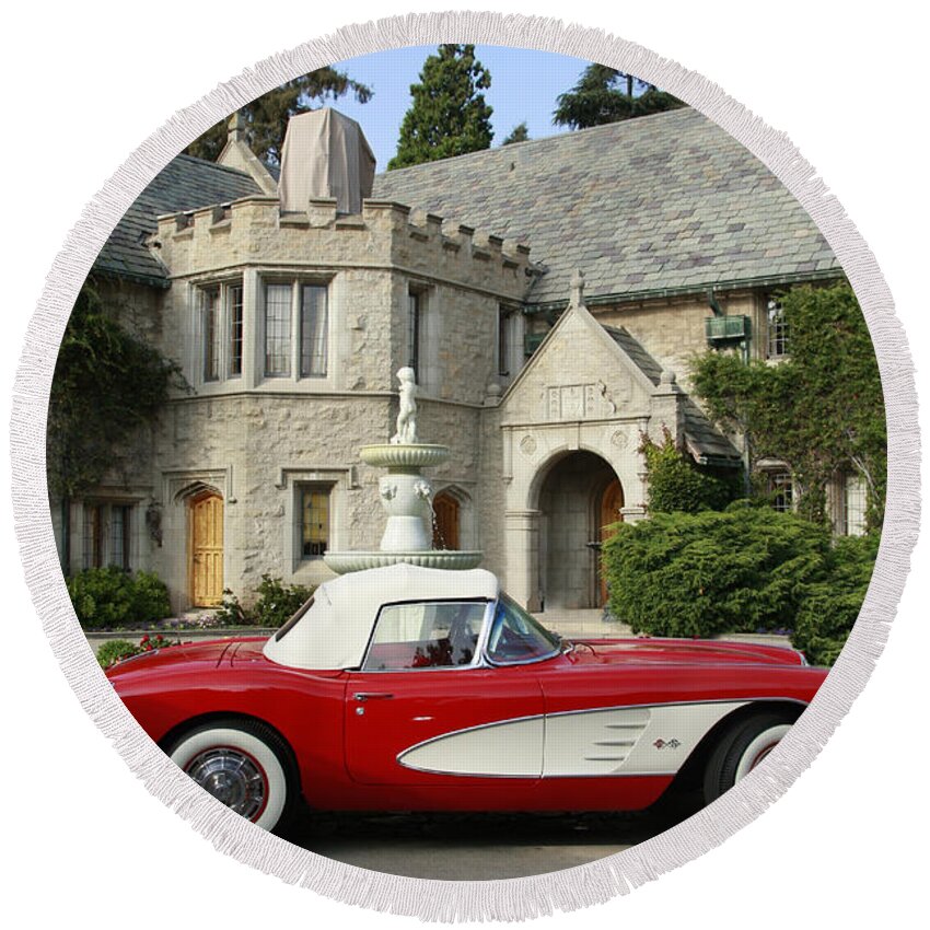 Transportation Round Beach Towel featuring the photograph Red Corvette outside the Playboy Mansion by Nina Prommer