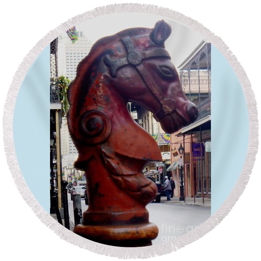 Horse Round Beach Towel featuring the photograph Red Horse Head Post by Alys Caviness-Gober