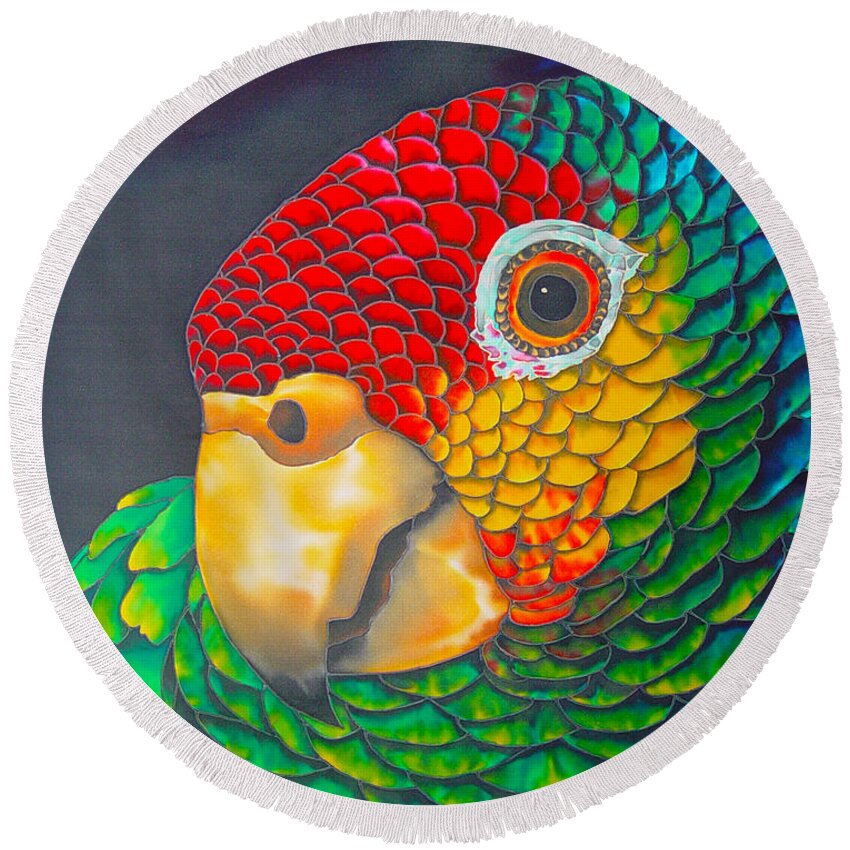 Amazon Parrot Round Beach Towel featuring the painting Red Lored Parrot by Daniel Jean-Baptiste