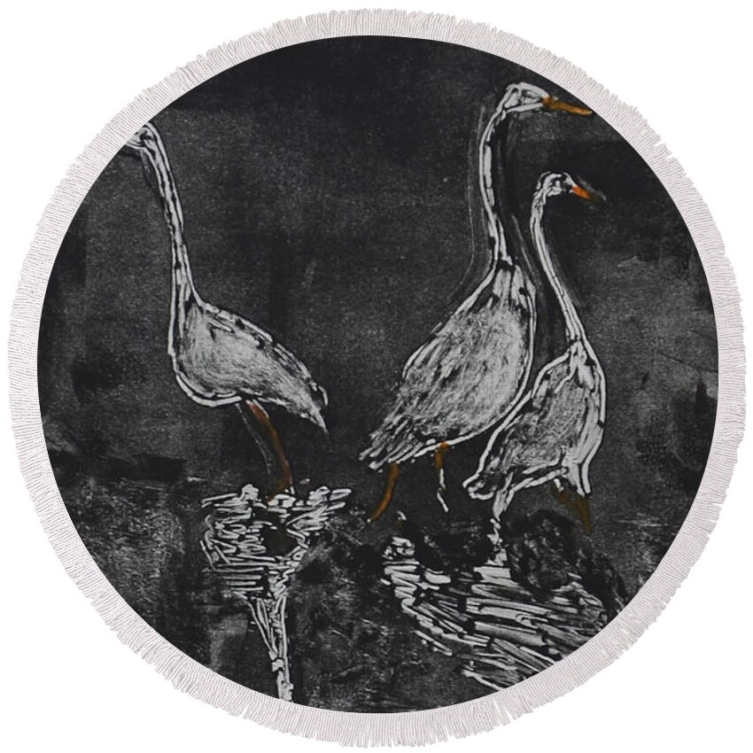 Bird Round Beach Towel featuring the mixed media Reflections by Cori Solomon