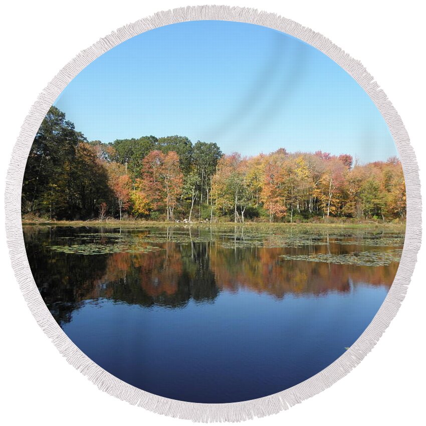 Reflections Round Beach Towel featuring the photograph reflections of fall foliage in CT by Kim Galluzzo