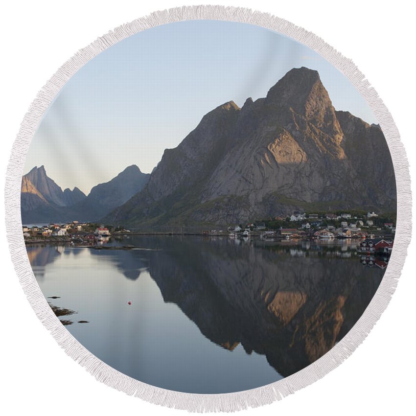 Norway Round Beach Towel featuring the photograph Reine Village in Early Morning Light by Heiko Koehrer-Wagner