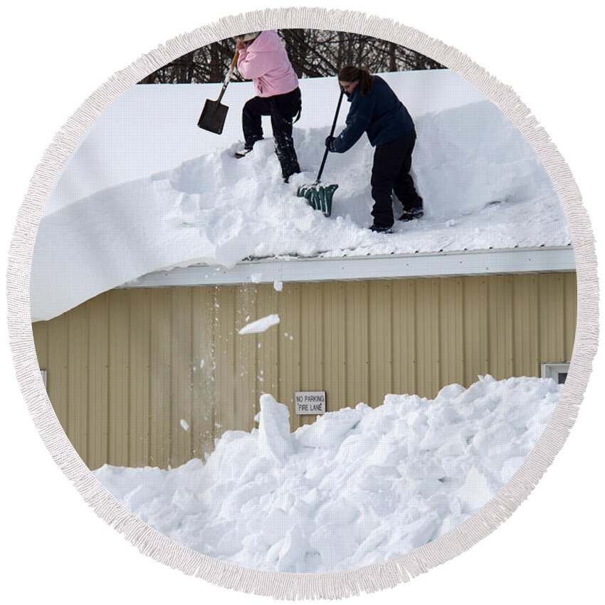 People Round Beach Towel featuring the photograph Removing Snow From A Building by Ted Kinsman