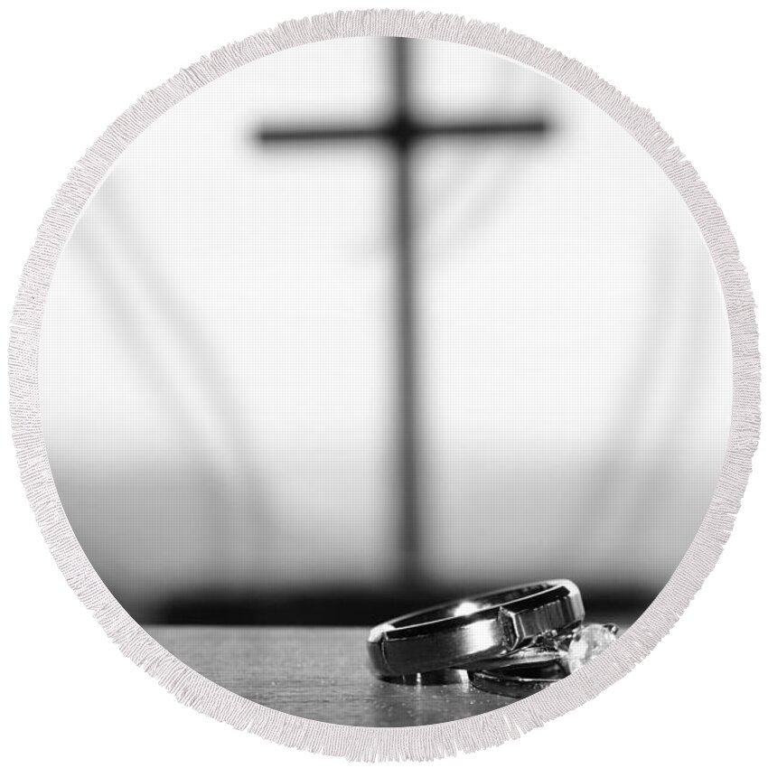 Engagement Round Beach Towel featuring the photograph Rings and Cross by Kelly Hazel