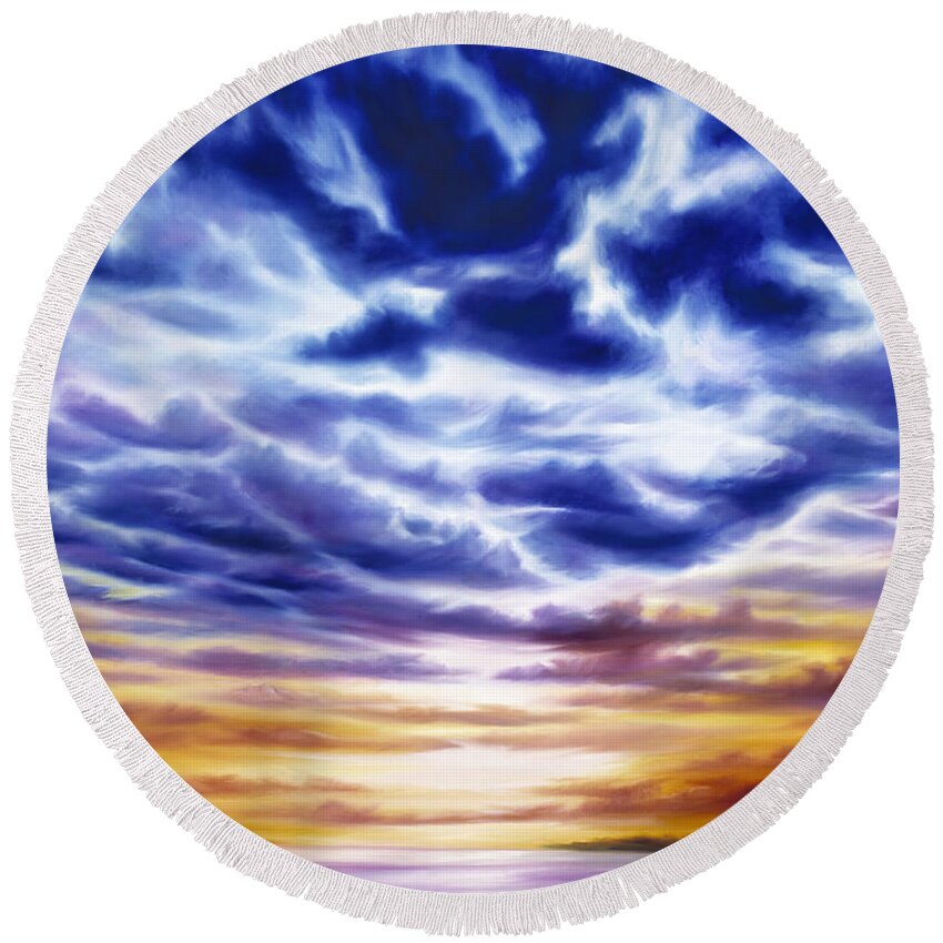 Sunrise; Sunset; Power; Glory; Cloudscape; Skyscape; Purple; Red; Blue; Stunning; Landscape; James C. Hill; James Christopher Hill; Jameshillgallery.com; Ocean; Lakes; Sky; Contemporary; Yellow; Ocean; River; Water Round Beach Towel featuring the painting Rise by James Hill
