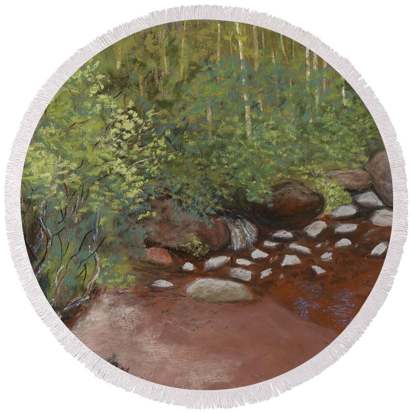 Stream Round Beach Towel featuring the pastel Rocky Mountain Creek by Ginny Neece