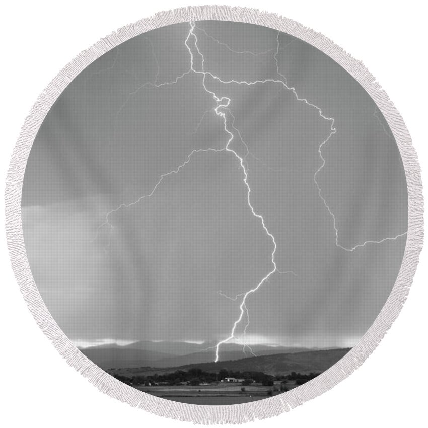 July Round Beach Towel featuring the photograph Rocky Mountain Front Range Foothills Lightning Strikes 1 BW by James BO Insogna