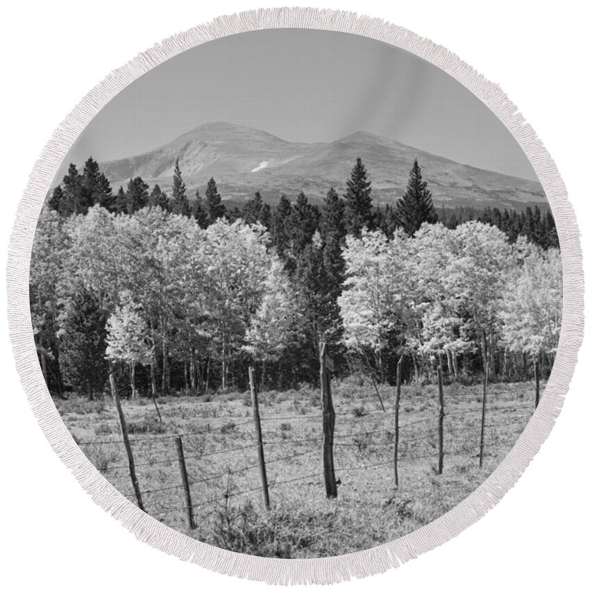 Colorado Round Beach Towel featuring the photograph Rocky Mountain High Country Autumn Fall Foliage Scenic View BW by James BO Insogna