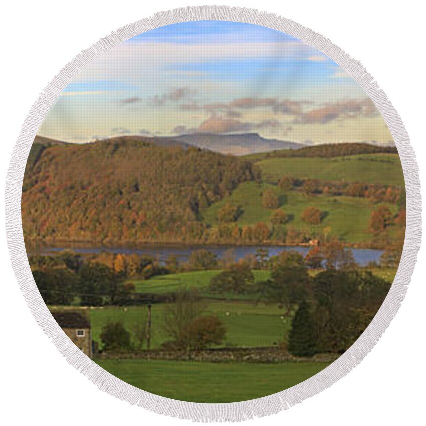 Roe House Round Beach Towel featuring the photograph Roe House overlooks Ullswater near Pooley Bridge in the Lake District by Louise Heusinkveld