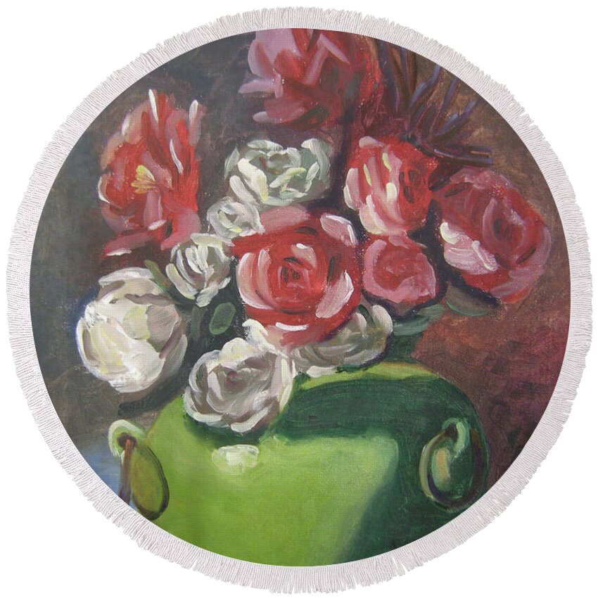 Floral Round Beach Towel featuring the painting Roses and Green Vase by Lilibeth Andre