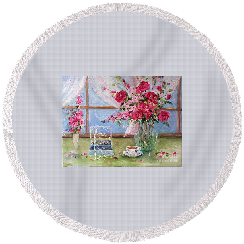Floral Round Beach Towel featuring the painting Roses and Pearls by Jennifer Beaudet