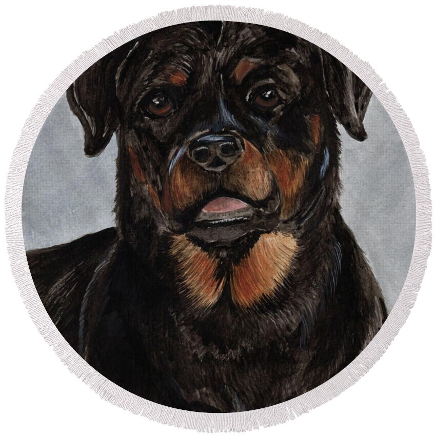 Rottweiler Dog Round Beach Towel featuring the painting Rottweiler by Nancy Patterson