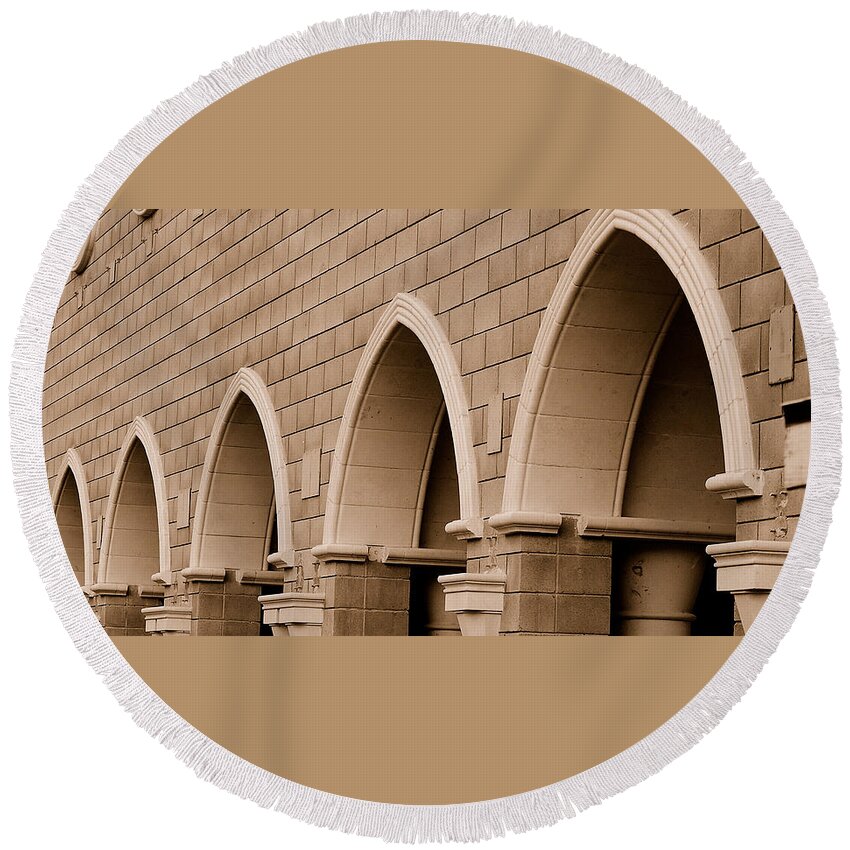 Row Arch Arches Archway Bricks Stone Tiles Monastery Vina Ca Round Beach Towel featuring the photograph Row of Arches by Holly Blunkall